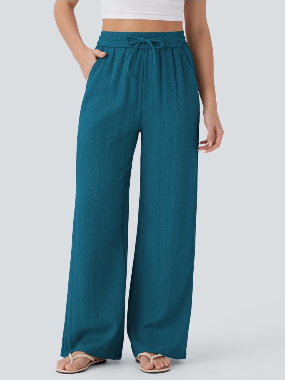 HALARA Linen Teal Wide-Leg Drawstring Lounge Pants